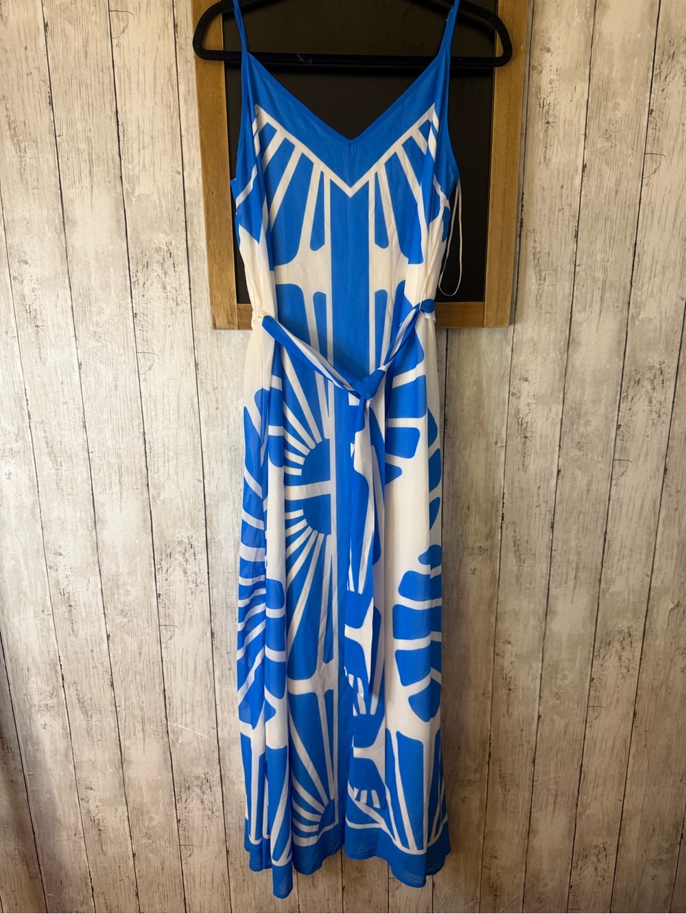 Flying Tomato Belted Lined Blue & White Adj Straps Print Maxi Dress Large